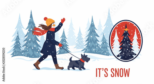 Snowy winter day, woman in warm clothes walks her Scottie dog amidst snow-covered pine trees and falling snow
