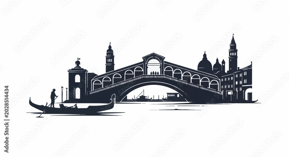 Naklejka premium Silhouette of an iconic arched bridge over water with gondolas and city skyline