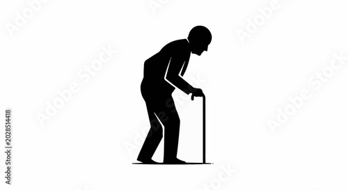 Silhouette of an elderly person with a cane, walking with a stoop