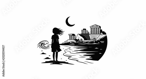 Solitary figure stands by a moonlit ancient seaside ruin with crashing waves