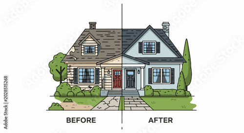 Split-view illustration of a house undergoing renovation, showing before and after states