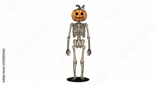Spooky cartoon skeleton with a carved pumpkin for a head and a leaf accent