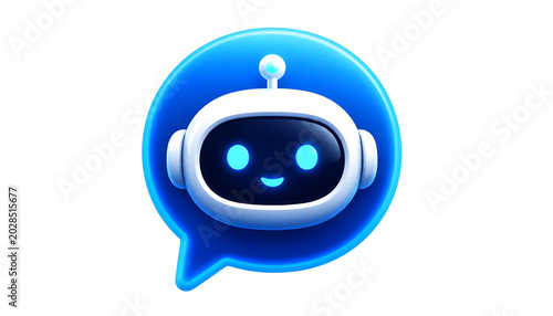 Smiling robot character with glowing blue eyes in speech bubble futuristic chatbot symbol with white and blue color scheme