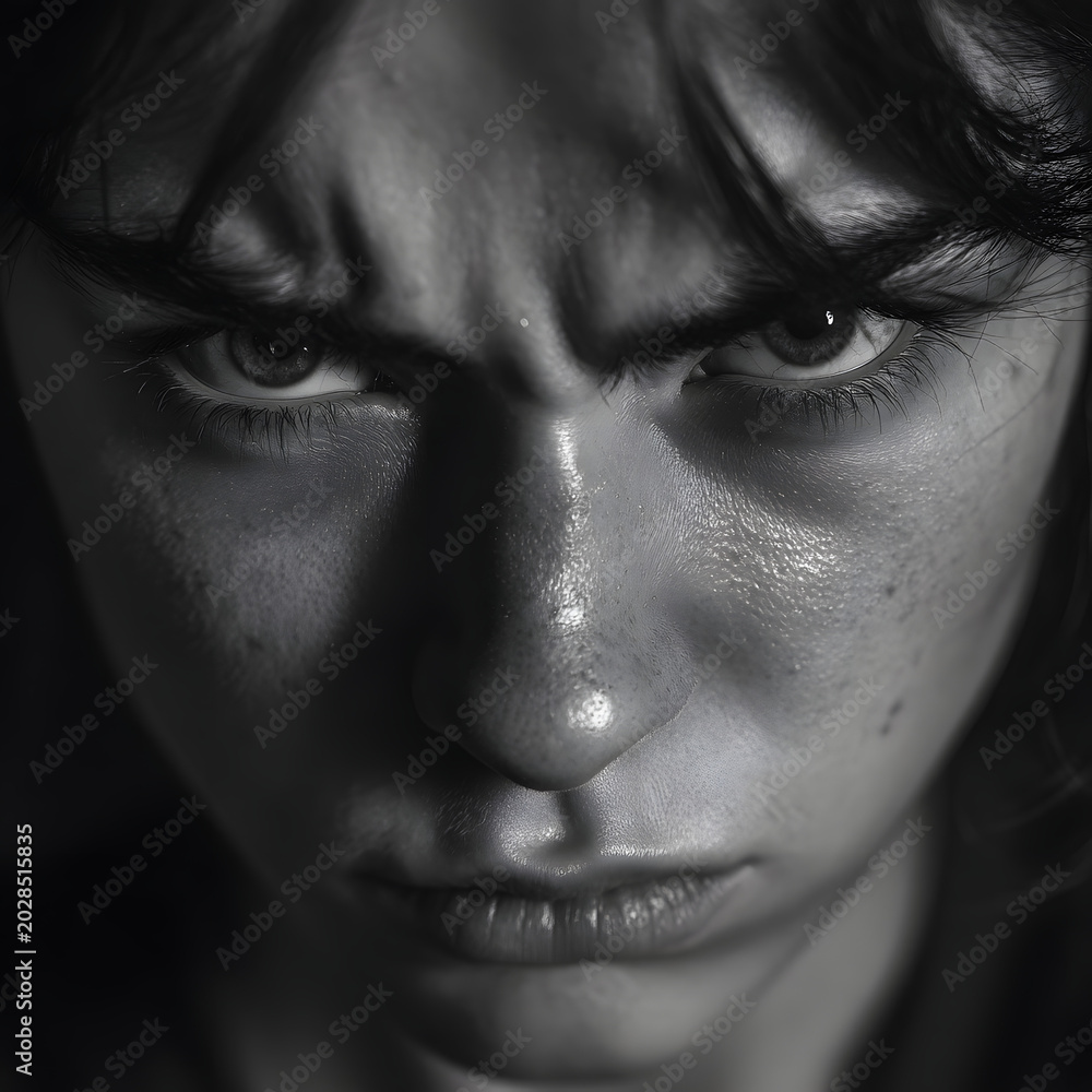 Naklejka premium Intense close-up portrait capturing a young person's raw emotion of frustration and anger, with dramatic lighting
