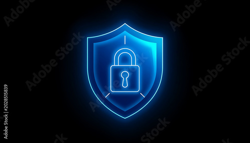 Glowing blue shield with padlock icon on black background symbolizing security and protection