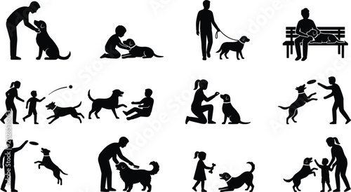 Canvastavla WebSet of black silhouettes showing people interacting with their pet dogs, incl