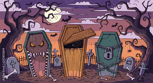 Spooky graveyard scene with three coffins, tombstones, bats, and a full moon