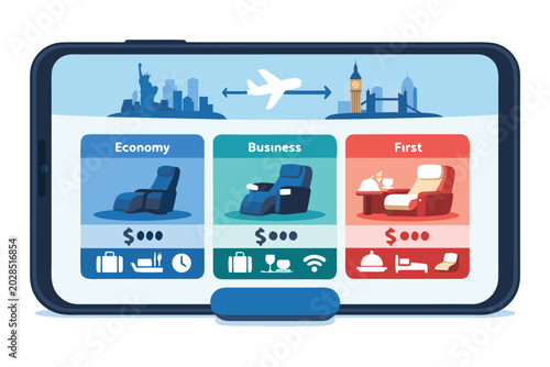 Smartphone screen showing a travel app interface for booking flights from New York to London, featuring Economy, Business, and First Class ticket options with seat icons and travel amenities.