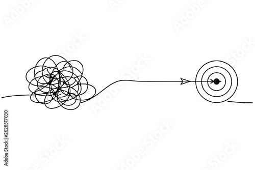 Minimalist continuous line drawing of chaos turning into order with a tangled scribble evolving into a straight arrow hitting a bullseye target, symbolizing focus, success, and clarity.