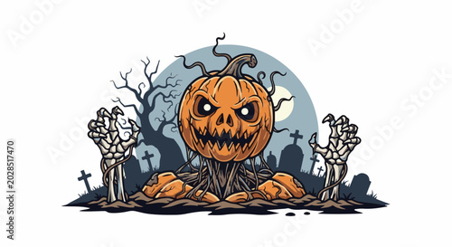 Spooky pumpkin monster emerges from graves with skeleton hands