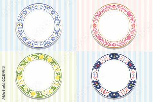 Set of Four Decorative Plate Style Circular Frames with Elegant Floral and Ornamental Rim Patterns on Seamless Striped Backgrounds, Flat Vector Illustration for Wedding Invitations and Menu Design