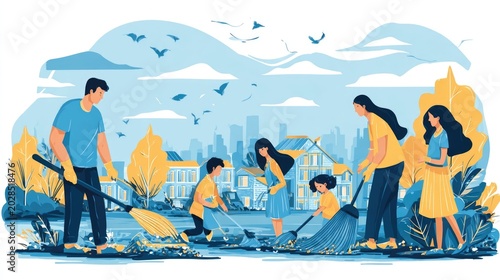 Parents and child volunteering community clean up, social responsibility concept