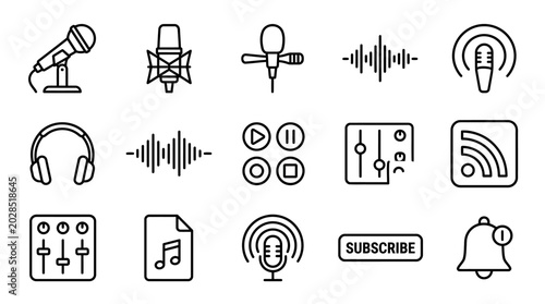 Modern outline icon set for sound recording, broadcast, digital audio, and media content creation, perfect for UI/UX design and multimedia projects