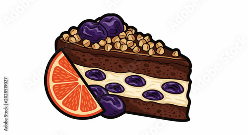 Slice of chocolate cake with cream, berries, nuts, and a grapefruit slice