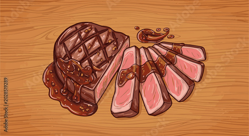 Sliced, grilled steak with rich sauce, presented on a wooden surface