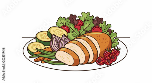 Sliced roasted chicken with a colorful side salad and berries on a white plate