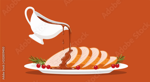 Sliced roasted meat with gravy and garnishes on a plate, with a gravy boat pouring