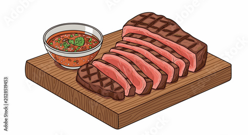 Sliced grilled steak and a bowl of salsa on a wooden board