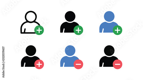 Tableau sur toile User icons with add remove plus minus symbols outline solid black blue red