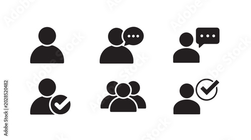 Set of black user profile person icons with speech bubbles and checkmarks for website.