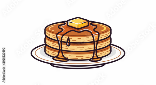 Stack of golden pancakes drizzled with syrup and topped with a pat of butter