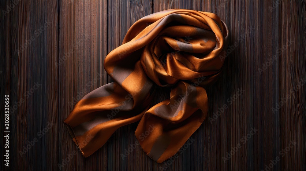 Fototapeta premium Elegant silk scarf featuring rich bronze and brown hues artfully draped on a dark, textured wood surface.
