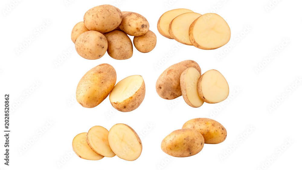 Obraz premium A small pile heap of raw fresh organic unpeeled yellow potatoes isolated on transparent background