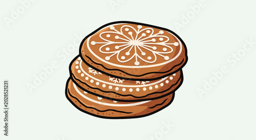 Stacked, decorated gingerbread cookies with white icing designs
