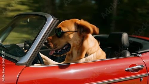 Golden Labrador retriever wearing sunglasses driving a red convertible along a sunny country road, tongue out and smiling while enjoying an open-top summer road trip