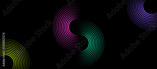 Fotografie Abstract geometric dark background with varied semicircle line patterns in the corners
