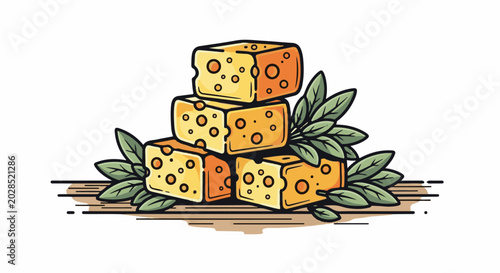 Stacked cheese cubes with fresh green leaves and a wooden base illustration