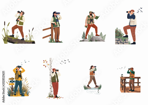 Schilderij op canvas Collection of diverse people birdwatching and observing wildlife in various natural outdoor settings using binoculars, presented as flat illustrations