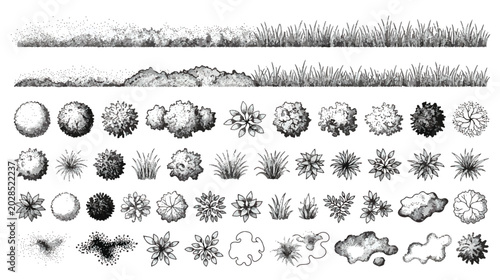 Tableau sur toile Hand drawn landscape architecture symbols, vintage garden plan icons set, black