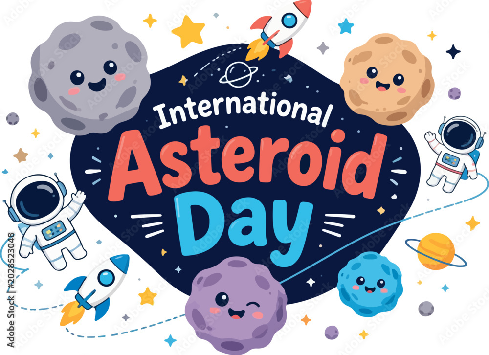 Fototapeta premium Cartoon asteroids with smiling faces.