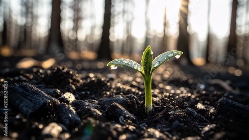 Green Seedling Growing Through Charred Forest Soil at Sunrise