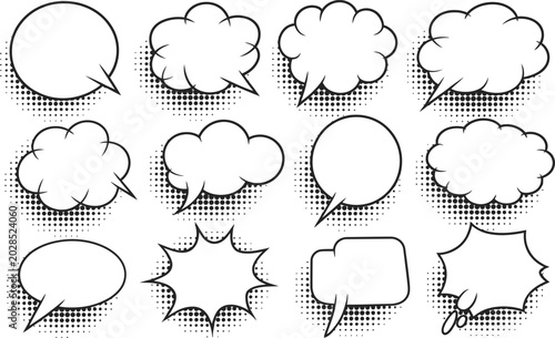 Set of black and white comic book speech bubbles with dialogue halftone template illustration communication collection