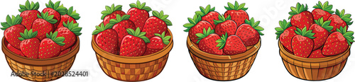 Four woven baskets filled with ripe red strawberries and green leaves on white background