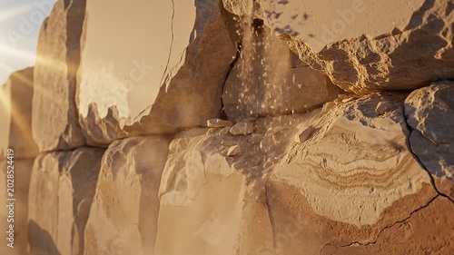 Sandstone Cliff Crumbling and Releasing Dust in Sunlit Desert Canyon