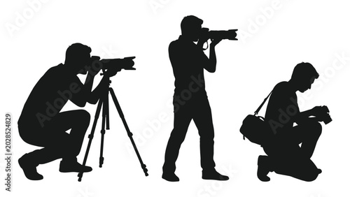 Fotografie three photographers with cameras and equipment in black silhouette