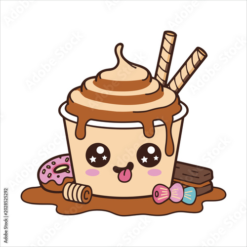 Adorable Chocolate Shake Character with Candy and Donut