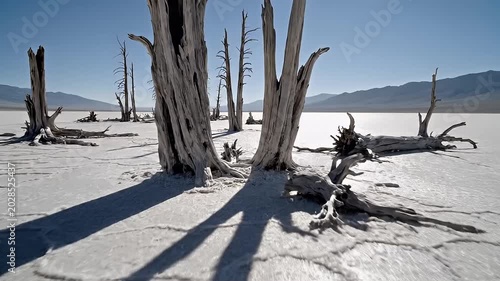 Weathered Dead Trees Casting Long Shadows on Dry Salt Flat Desert