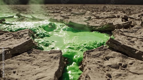Toxic Green Liquid Bubbling in Cracked Dry Ground
