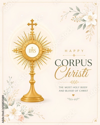 Religious Corpus Christi celebration greeting illustration with floral patterns - ai generative