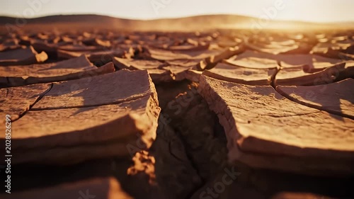 Parched Cracked Earth Stretching Across Arid Desert at Sunset