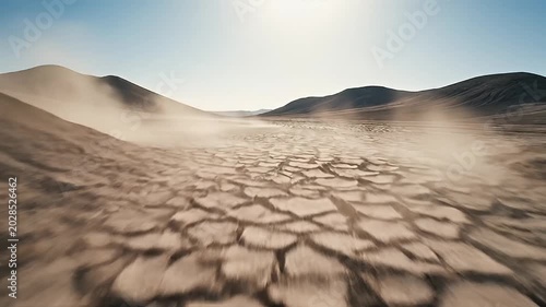 Cracked Desert Ground Stretching Across Arid Valley Under Clear Daylight Sky