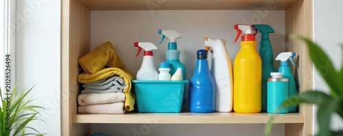 A neatly organized cleaning supply closet, shelves stocked with various cleaning agents and tools, ready for efficient housekeeping , efficiency, vacuum cleaner, organization
