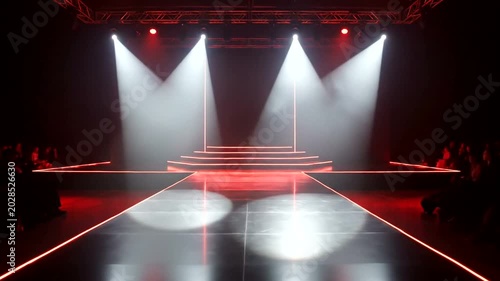 Empty Fashion Runway Stage with Bright Spotlights and Red Neon Lights.
