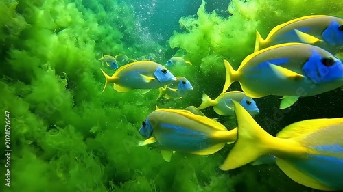 Colorful Tropical Fish Swimming Through Lush Green Underwater Seaweed Forest