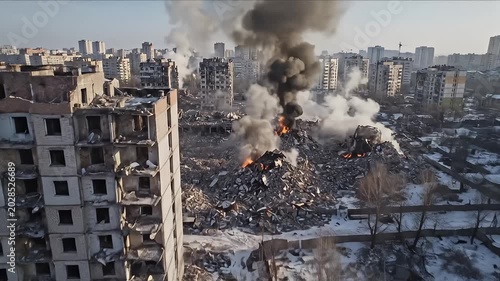 Destroyed Urban Neighborhood Burning and Smoking in Dense City Aftermath