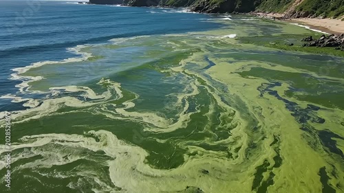 Algae Filled Coastal Water Swirling Along Rocky Shoreline in Daylight